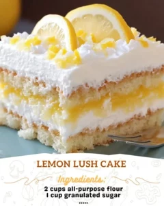 Delicious lemon lush cake slice with creamy lemon filling and crust