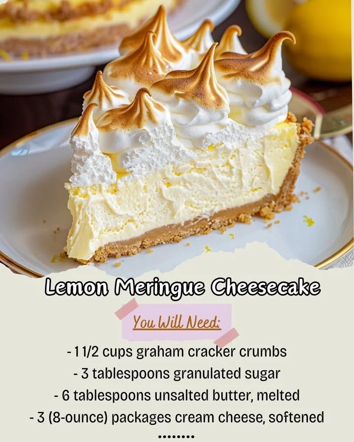 Slice of lemon meringue cheesecake topped with fluffy meringue and lemon zest