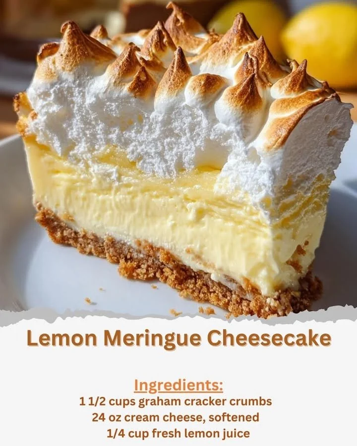 Delicious Lemon Meringue Cheesecake topped with fluffy meringue and lemon zest