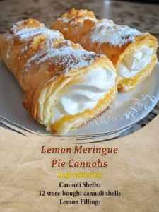Lemon Meringue Pie Cannolis filled with zesty lemon cream and topped with meringue