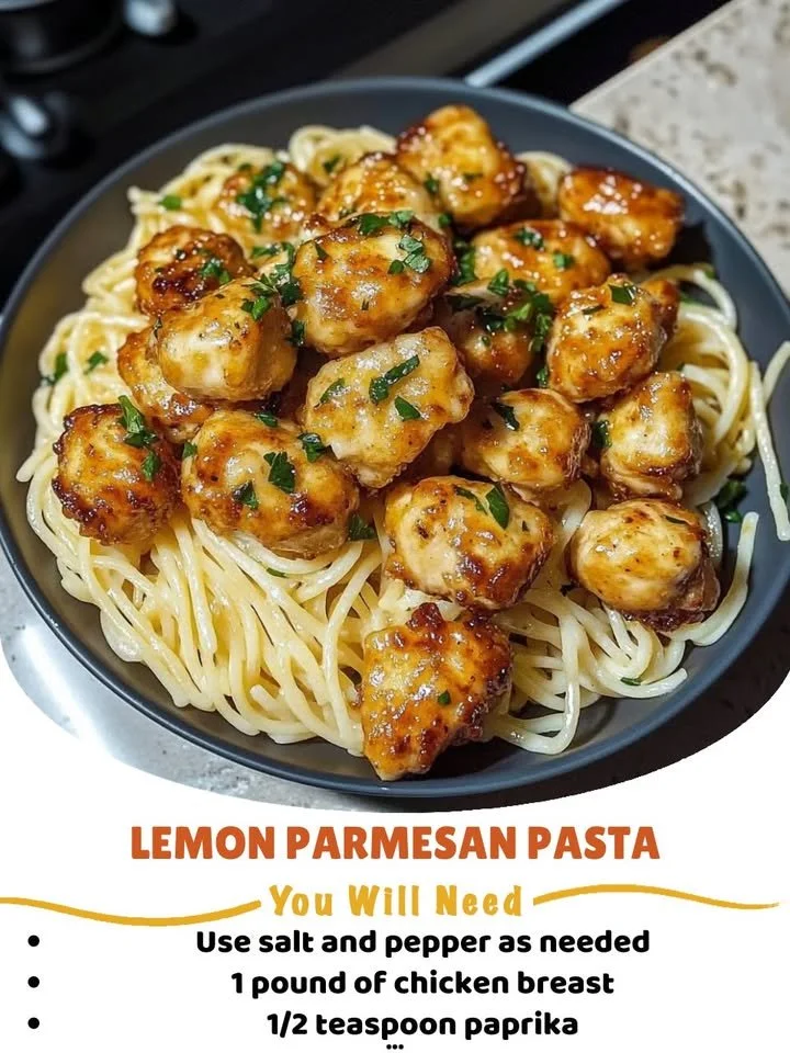 Plate of Lemon Parmesan Pasta garnished with fresh herbs and lemon zest