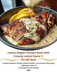 Lemon Pepper Chicken Bowl with creamy lemon sauce garnished with herbs