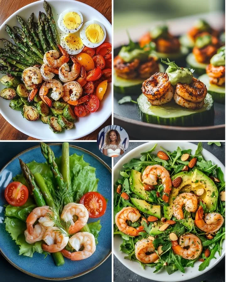 Lemon pepper shrimp served with roasted Brussels sprouts on a plate