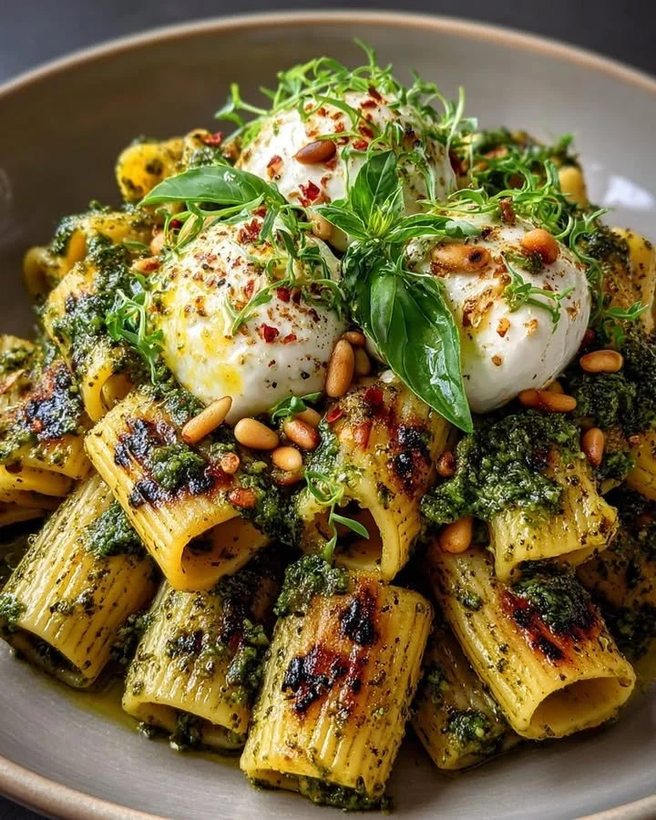 Lemon Pesto Rigatoni pasta served with burrata and roasted pine nuts