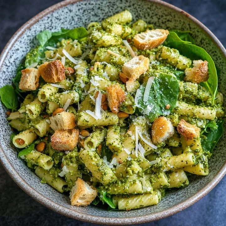 Lemon Pesto Rigatoni topped with burrata and roasted pine nuts