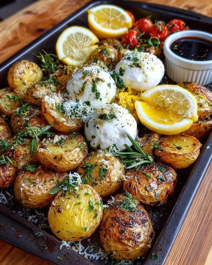 Lemon Potato Burrata Board with Garlic Herb Oil and Parmesan Snow for a delicious appetizer