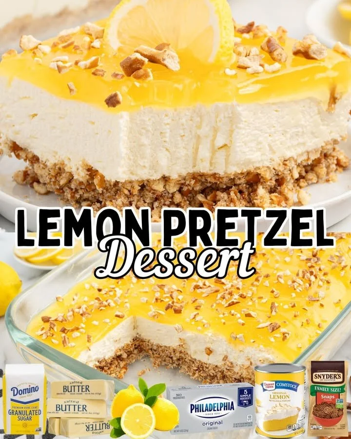 Delicious Lemon Pretzel dessert topped with a lemon glaze and pretzel crust.