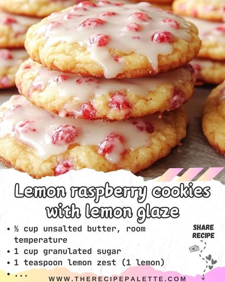Freshly baked lemon raspberry cookies drizzled with lemon glaze
