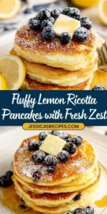 Delicious lemon ricotta pancakes stacked and topped with fresh berries