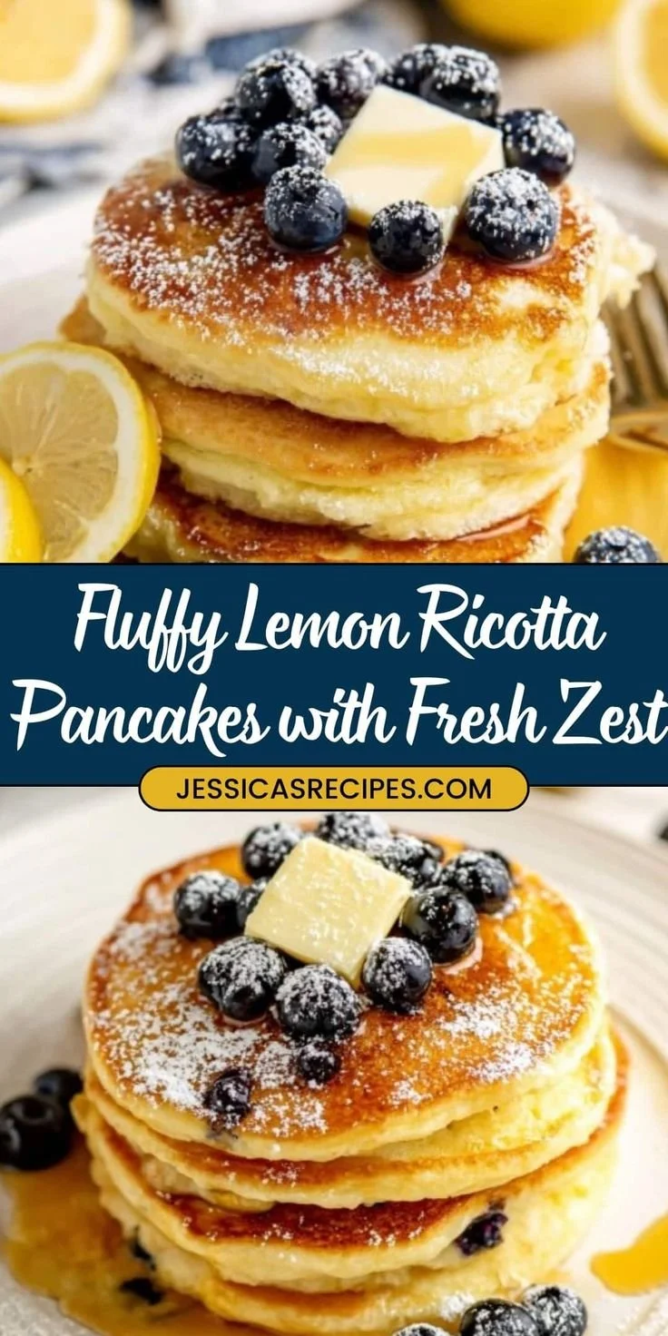 Delicious lemon ricotta pancakes stacked and topped with fresh berries