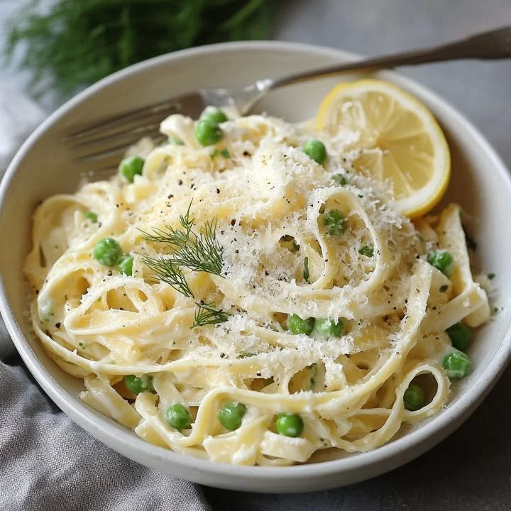 Lemon Ricotta Tagliatelle with Peas, a fresh and creamy pasta dish topped with lemon zest.