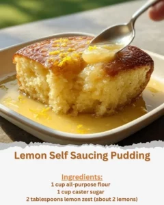 Delicious lemon self saucing pudding served in a bowl with lemon slices.