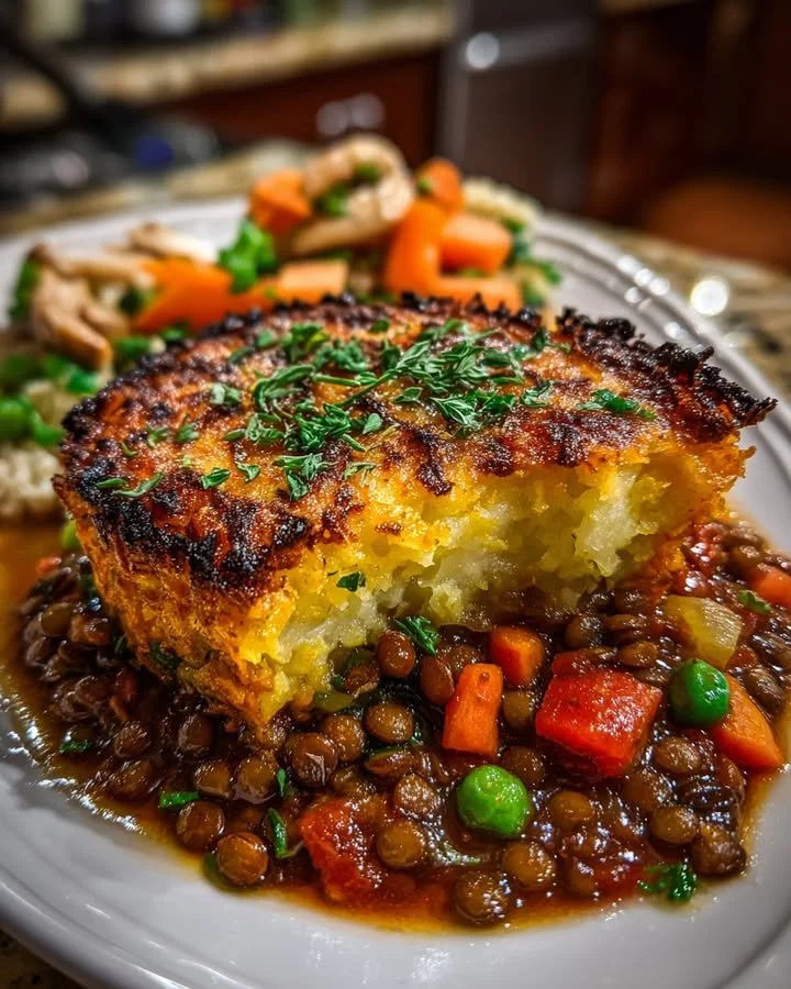 Lentil Shepherd's Pie topped with Sweet Potato-Parmesan Crust on a rustic table.