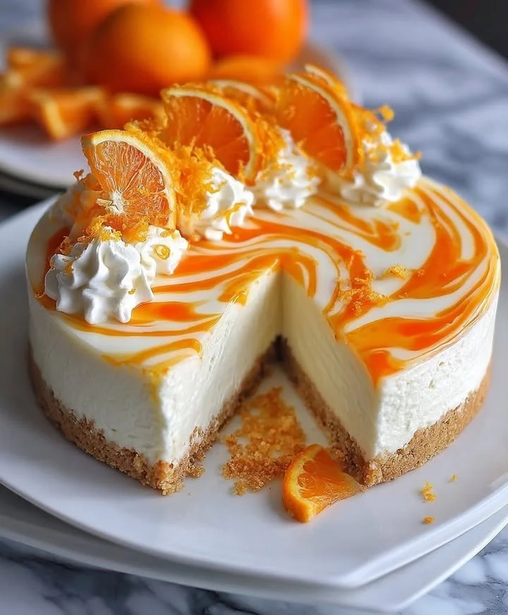 Light and Tangy No-Bake Orange Creamsicle Cheesecake with a creamy orange topping
