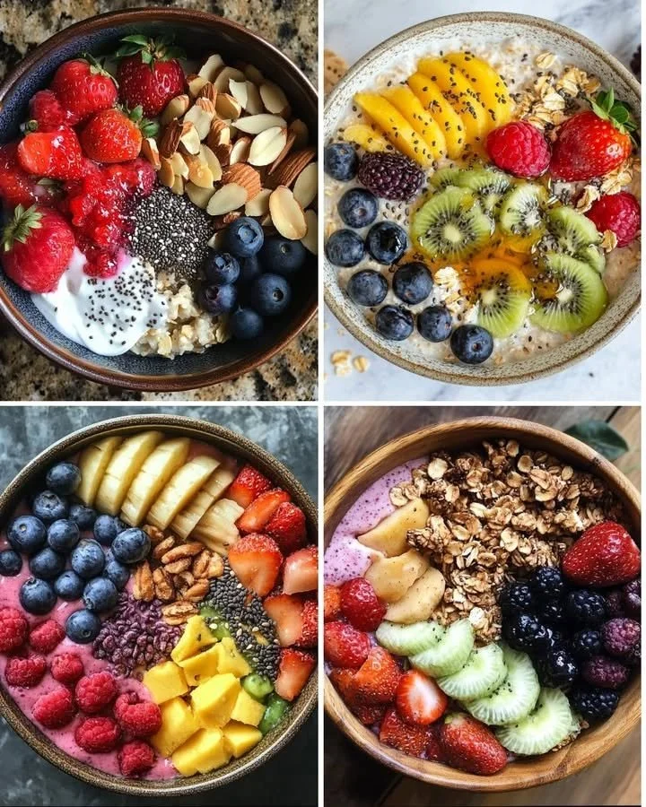 Healthy light dinners with yogurt and fresh fruits served in a bowl