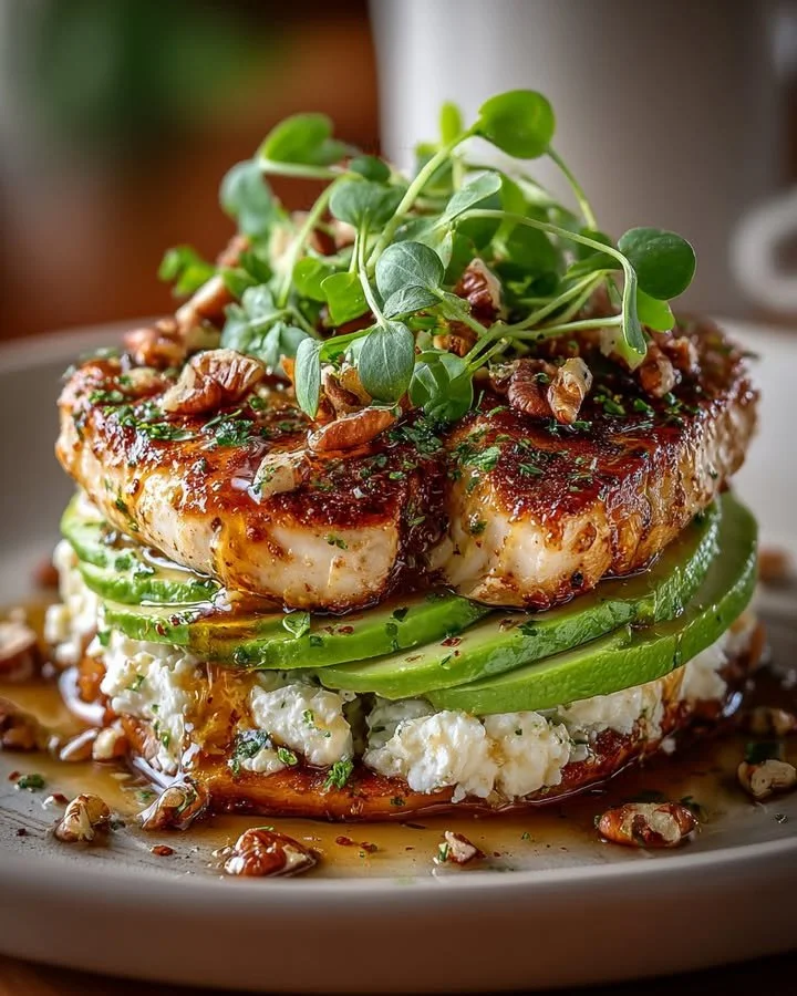 Lime Chicken and Feta-Avocado Stack with Hot Honey and Candied Pecans