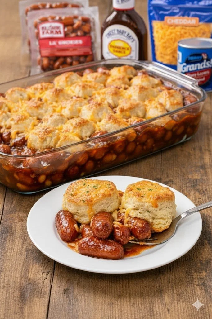 Plate of Little Smokies served with flaky biscuits