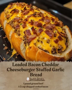 Loaded bacon cheddar cheeseburger stuffed in garlic bread