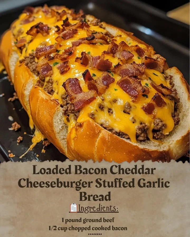 Loaded bacon cheddar cheeseburger stuffed in garlic bread
