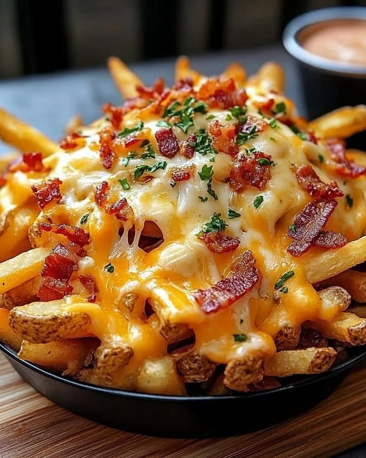Loaded bacon cheese fries topped with crispy bacon and melted cheese