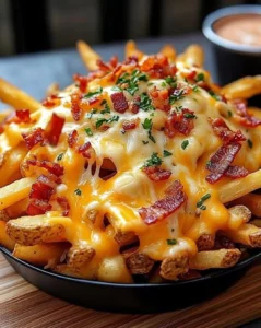 A plate of loaded bacon cheese fries topped with melted cheese and crispy bacon.