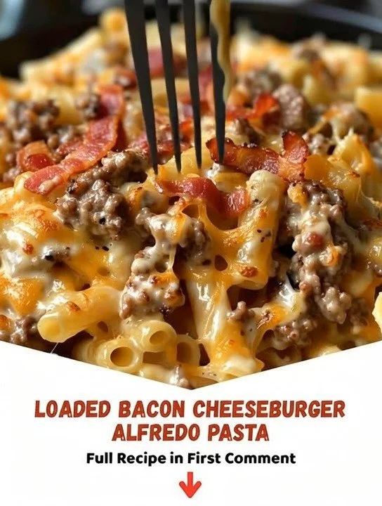A delicious bowl of Loaded Bacon Cheeseburger Alfredo Pasta topped with crispy bacon.