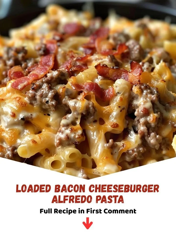 Loaded Bacon Cheeseburger Alfredo Pasta dish with cheese and bacon