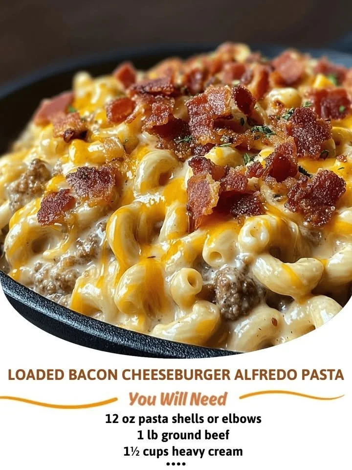 Loaded bacon cheeseburger Alfredo pasta dish garnished with parsley
