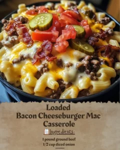 Loaded Bacon Cheeseburger Mac Casserole topped with crispy bacon and cheese