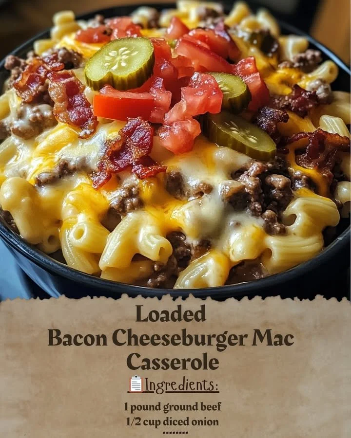 Loaded Bacon Cheeseburger Mac Casserole topped with crispy bacon and cheese