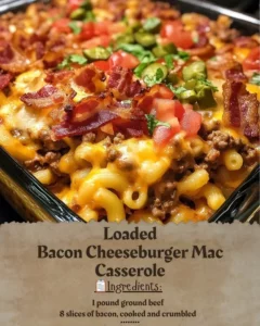 Delicious Loaded Bacon Cheeseburger Mac Casserole topped with crispy bacon and cheese