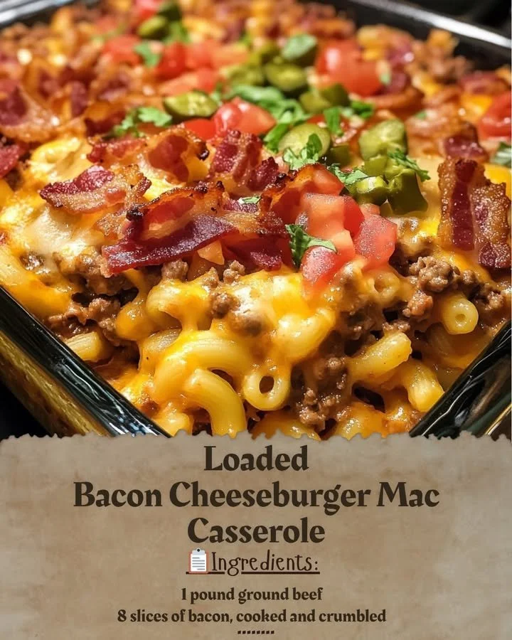 Delicious Loaded Bacon Cheeseburger Mac Casserole topped with crispy bacon and cheese