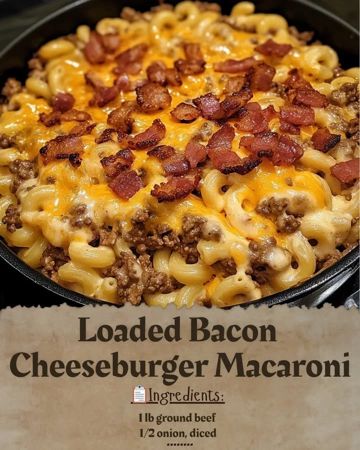 Loaded Bacon Cheeseburger Macaroni with bacon, cheese, and pasta in a creamy sauce