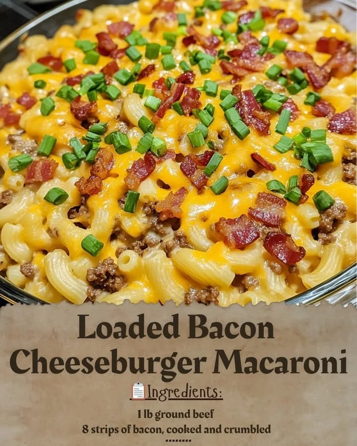 Delicious Loaded Bacon Cheeseburger Macaroni topped with crispy bacon and cheese