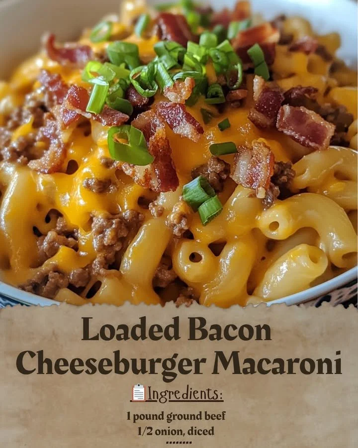 Loaded Bacon Cheeseburger Macaroni with cheese, bacon, and elbow pasta