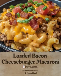 Delicious Loaded Bacon Cheeseburger Macaroni topped with crispy bacon