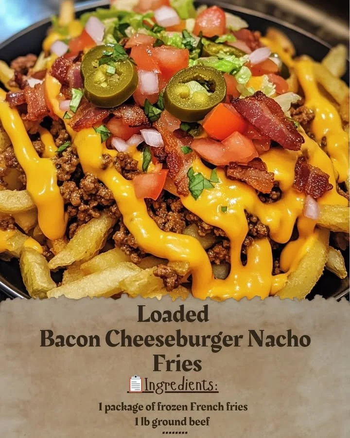 Loaded Bacon Cheeseburger Nacho Fries topped with cheese and bacon