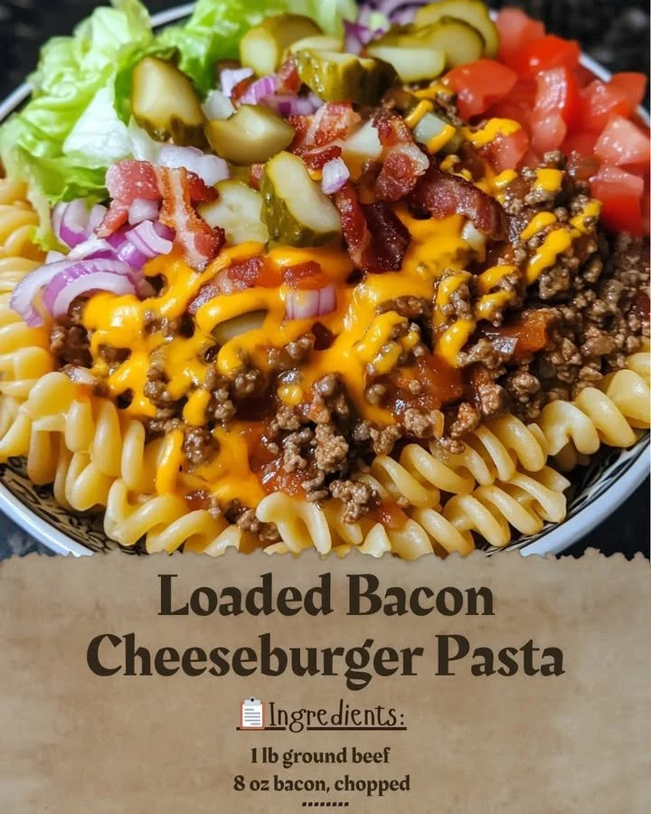 Bowl of loaded bacon cheeseburger pasta topped with cheese and bacon
