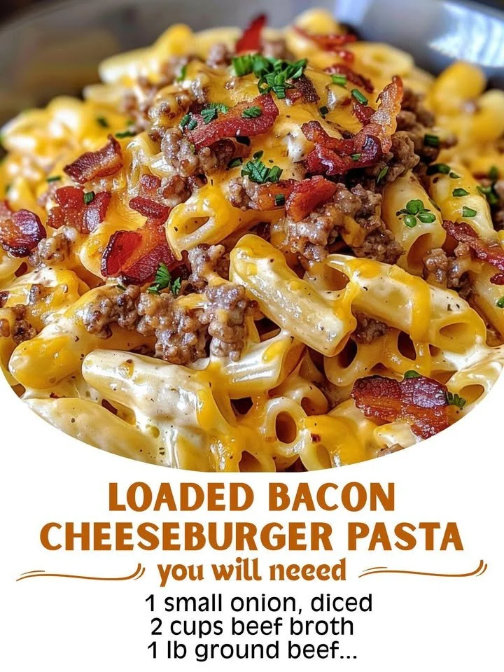 Delicious Loaded Bacon Cheeseburger Pasta topped with crispy bacon and cheese