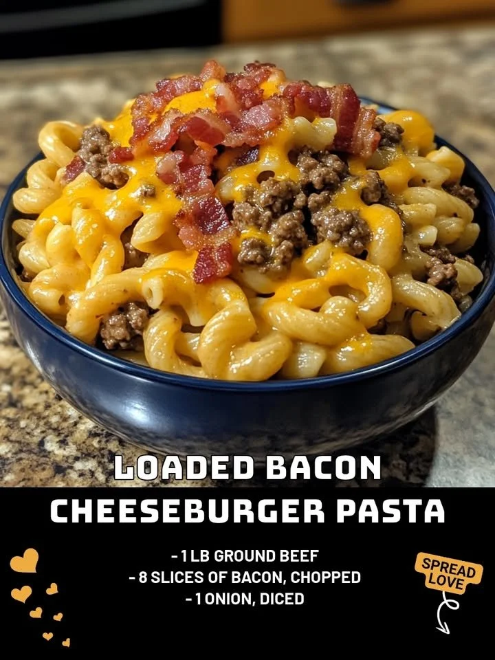 Delicious loaded bacon cheeseburger pasta topped with melted cheese and bacon