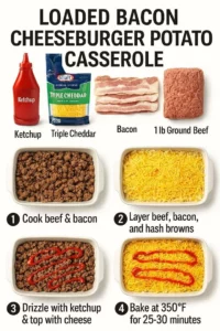 Loaded bacon cheeseburger potato casserole served in a dish.