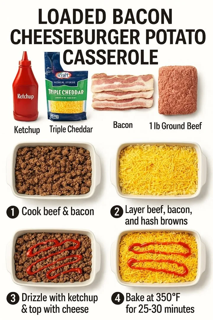 Loaded bacon cheeseburger potato casserole served in a dish.