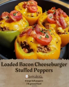 Loaded Bacon Cheeseburger Stuffed Peppers on a wooden serving platter