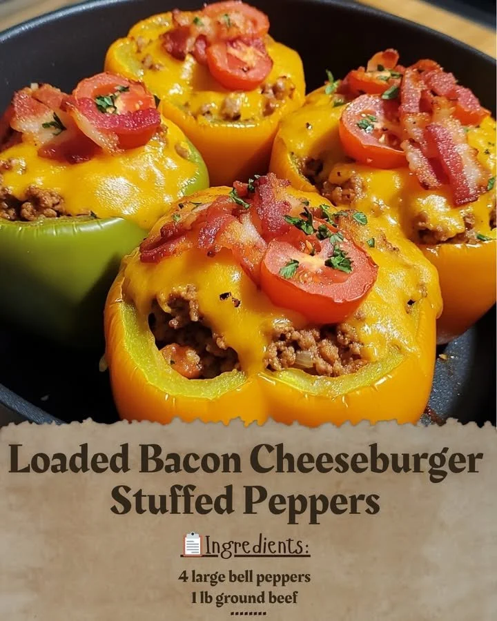 Loaded Bacon Cheeseburger Stuffed Peppers on a wooden serving platter