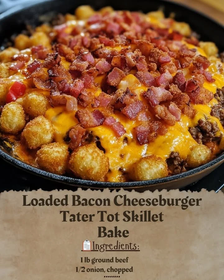 Loaded Bacon Cheeseburger Tater Tot Skillet Bake topped with crispy bacon and melted cheese