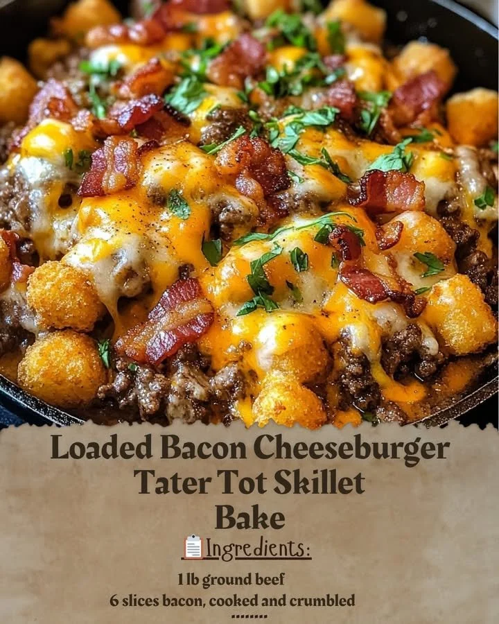 Loaded Bacon Cheeseburger Tater Tot Skillet Bake topped with bacon and cheese