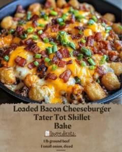 Loaded Bacon Cheeseburger Tater Tot Skillet Bake with toppings