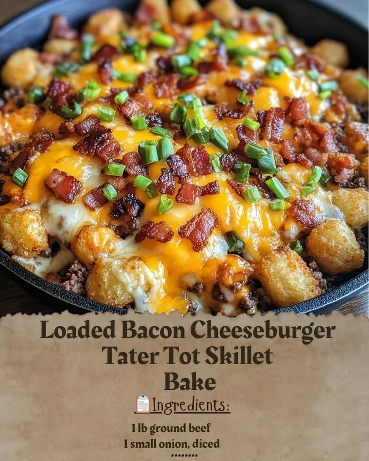 Loaded Bacon Cheeseburger Tater Tot Skillet Bake with toppings