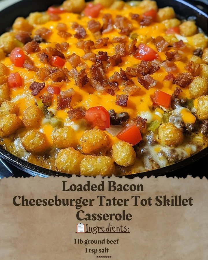 Loaded bacon cheeseburger tater tot skillet casserole in a baking dish