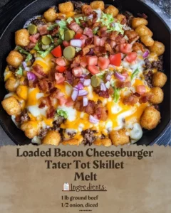 Loaded Bacon Cheeseburger Tater Tot Skillet Melt topped with crispy bacon and melted cheese